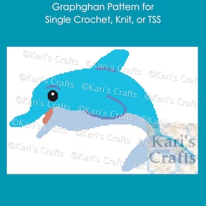 May include: A graphghan pattern for a blue dolphin, with the text "Kari's Crafts" repeated throughout the image.