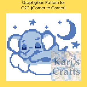 Peut inclure: Un modèle de graphghan au crochet bleu et blanc représentant un éléphant endormi avec une lune croissante et des étoiles. Le modèle est intitulé "Graphghan Pattern for C2C (Corner to Corner)" et est réalisé par "Kari's Crafts".
