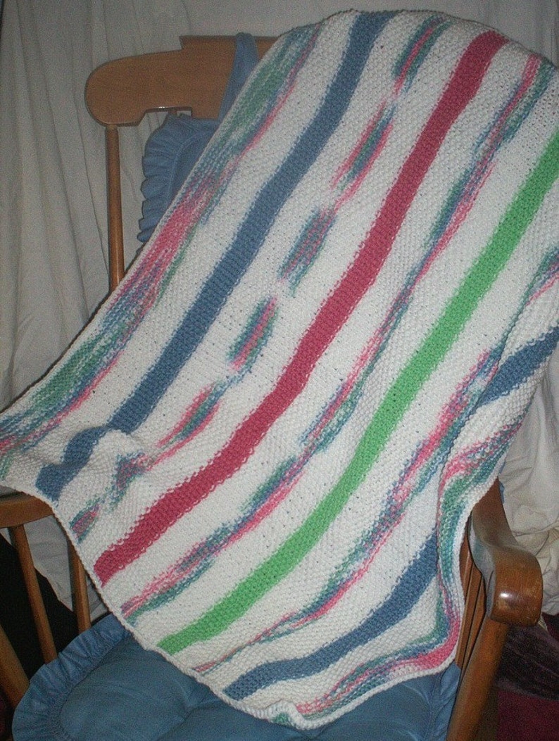 Knit Seed Stitch Striped Baby Blanket With Crocheted Edging Etsy UK