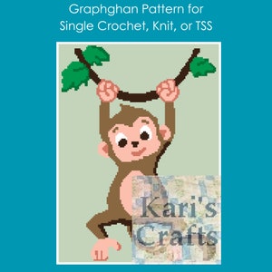 Puede incluir: Un patrón de graphghan para crochet simple, tejido o TSS con un mono marrón colgado de una rama con hojas verdes.