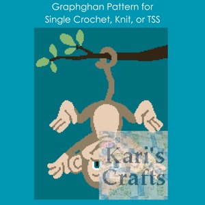 May include: A graphghan pattern for single crochet, knit, or TSS featuring a brown monkey hanging upside down from a brown branch with green leaves against a teal background. The pattern includes the text "Kari's Crafts".