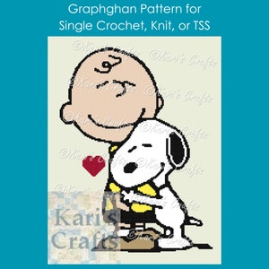 May include: A graphghan pattern featuring a cartoon image of Charlie Brown and Snoopy. Charlie Brown is wearing a yellow shirt and brown pants. Snoopy is wearing a red collar. The pattern is for single crochet, knit, or TSS.