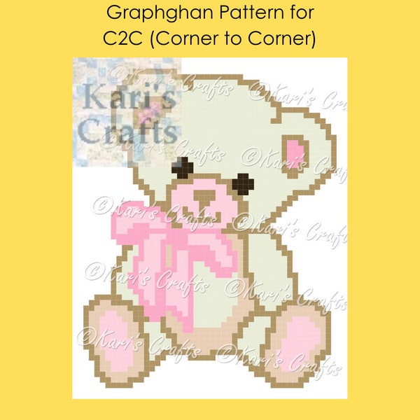 Pink and Off White Teddy Bear C2C Corner to Corner Afghan Baby Blanket or Pillow PDF Pattern Graph + Written Instructions-Instant Download