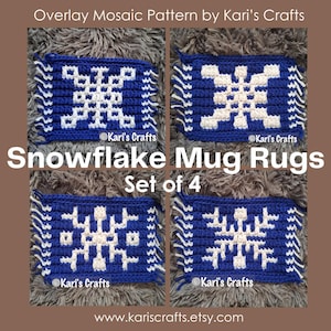 May include: Four blue and white snowflake mug rugs are displayed. Each rug features a white snowflake design on a blue background, with fringed edges. The text "Snowflake Mug Rugs Set of 4" is visible. The Etsy shop name is also visible.