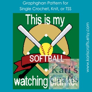 Puede incluir: Un patrón de graphghan verde, marrón y rojo para una manta con temática de softbol. El patrón incluye el texto "This is my softball watching blanket".