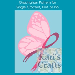 Butterfly Pink Ribbon Afghan Throw Blanket PDF Pattern for single crochet or knit or tss-Graph + Written Instructions - Digital Download