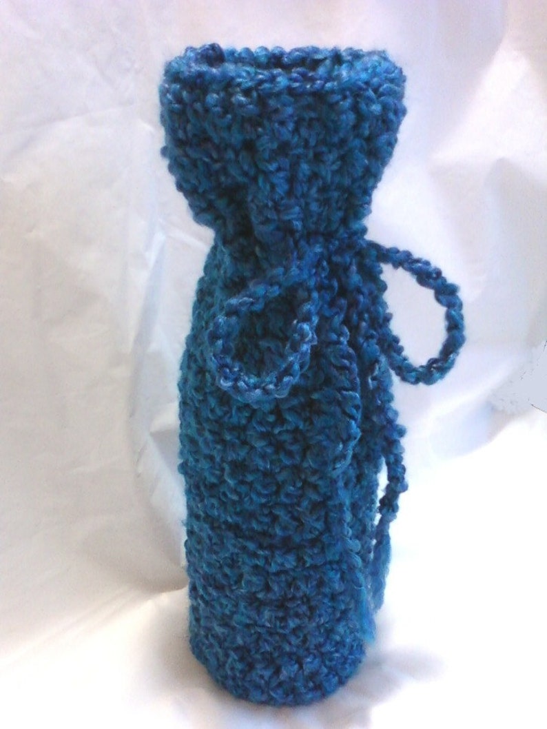 Hand Crocheted Homespun Wine Bottle Cozy Bag Montana Sky Blue image 2