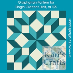 May include: A graphghan pattern for single crochet, knit, or TSS. The pattern features a geometric design with teal and white squares. The pattern is available on Etsy at www.kariscrafts.etsy.com.