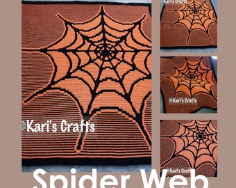May include: A crochet pattern for a spider web, with a black and orange colour scheme. The pattern is called "Overlay Mosaic Pattern by Kari's Crafts" and "Spider Web".