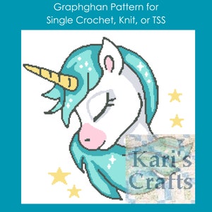 May include: A graphghan pattern featuring a sleeping unicorn with a blue and white mane and horn. The unicorn is surrounded by yellow stars. The pattern is for single crochet, knit, or TSS.