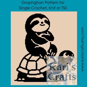 May include: Black and white pixelated graphic of a sloth sitting on a turtle. The image includes the text "Graphghan Pattern for Single Crochet, Knit or TSS" and the website address "kariscrafts.etsy.com".