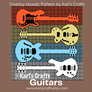 May include: A mosaic pattern featuring four guitars in orange, yellow, blue, and white. The guitars are set against a checkered background with the word "Guitars" and the Etsy shop's URL at the bottom.