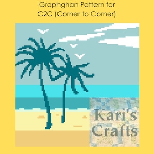 May include: A graphghan pattern for a corner to corner crochet project featuring two palm trees on a beach with blue water and white clouds. The pattern includes the text "Kari's Crafts".