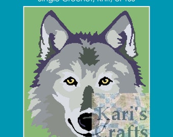 May include: A graphghan pattern for single crochet, knit, or TSS featuring a wolf's face with yellow eyes against a green background. The pattern is by Kari's Crafts.