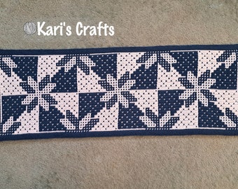 Hand Crocheted Hunter's Star Mosaic Table Runner Steel Blue and White - Ready to ship
