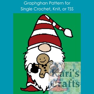 May include: A graphghan pattern for single crochet, knit, or TSS featuring a red and white striped gnome holding a gingerbread man.
