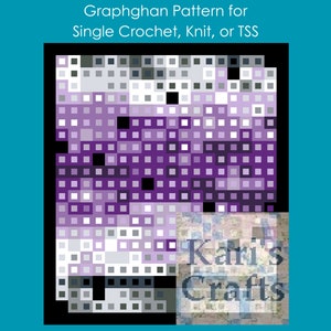 May include: A digital graphghan pattern featuring a mosaic design in shades of purple, grey, and white. The pattern is made up of small squares and includes the text "Graphghan Pattern for Single Crochet, Knit, or TSS" and the logo "Kari's Crafts".