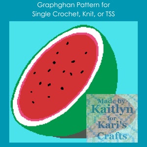 May include: A graphghan pattern for a watermelon, made with single crochet, knit, or Tunisian simple stitch. The pattern is made by Kaitlyn for Kari's Crafts.