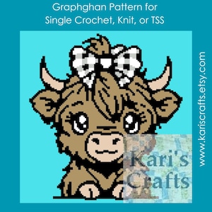May include: A pixelated graphic pattern of a brown Highland cow with a black and white bow. The cow is wearing a bow with a black and white checkered pattern. The background is a light blue color. The text "Kari's Crafts" is visible in the lower right corner of the image.