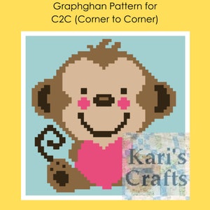May include: A crochet graphghan pattern featuring a smiling monkey holding a pink heart. The pattern is for a corner to corner crochet project. The text "Kari's Crafts" is in the bottom right corner of the image.