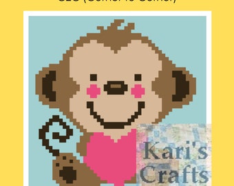 Monkey Love C2C Corner to Corner Afghan Baby Blanket or Pillow PDF Pattern - Graph + Written Instructions-Instant Download