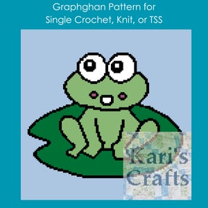 May include: A pixelated green frog with large white eyes and a small mouth sits on a green lily pad. The image includes the text "Graphghan Pattern for Single Crochet, Knit, or TSS" and the Kari's Crafts logo.