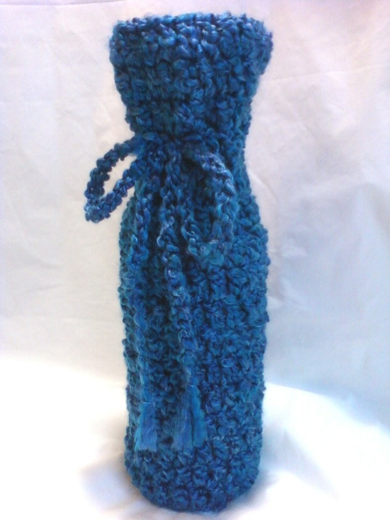 Hand Crocheted Homespun Wine Bottle Cozy Bag Montana Sky Blue image 1