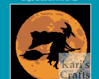 May include: A black silhouette of a witch flying on a broomstick in front of a large orange moon. The text "Kari's Crafts" is in the lower right corner of the image.