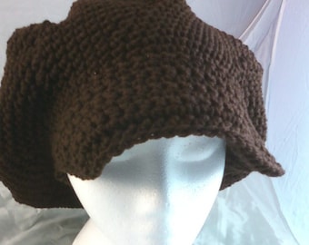 Crocheted Slouchy Cap with Brim - Chocolate Brown