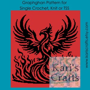 May include: A digital graphghan pattern featuring a black phoenix design on a red background. The image includes the text "Graphghan Pattern for Single Crochet, Knit or TSS" and the seller's website address.