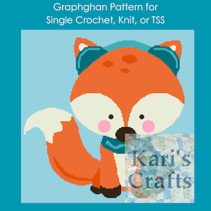 May include: A graphghan pattern featuring a cute fox wearing a blue scarf and hat. The pattern is for single crochet, knit, or TSS. The pattern is by Kari's Crafts.