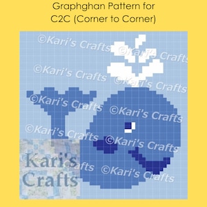 May include: A graphghan pattern for a blue whale with a white spout, using the corner to corner (C2C) crochet technique. The pattern is on a grid with the text "Kari's Crafts" repeated throughout.