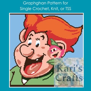 May include: A pixelated graphghan pattern of a cartoon character with red hair, a green shirt, and a pink creature in his ear. The pattern is titled "Graphghan Pattern for Single Crochet, Knit, or TSS" and is from "Kari's Crafts".