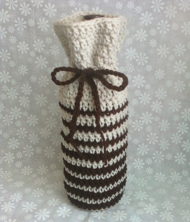 Hand Crocheted Wine Bottle Cozy Bag Offwhite Chocolate Brown image 1