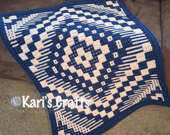 Hand Crocheted Paths Around The World Mosaic Croquilt Afghan Baby Blanket Throw Ocean Blue and White - Ready to ship