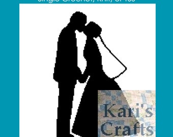 Puede incluir: Silueta en blanco y negro de una novia y un novio besándose. La novia lleva velo y el novio lleva traje. La imagen es un patrón de graphghan para crochet simple, tejido o TSS.
