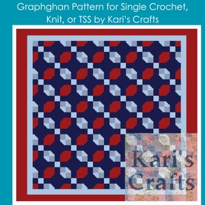 Puede incluir: Un patrón de graphghan para crochet simple, tejido o punto simple tunecino. El patrón presenta un diseño geométrico repetitivo en rojo, azul y blanco.