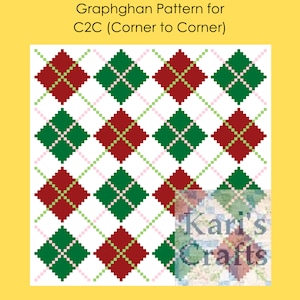 May include: A graphghan pattern for a corner to corner crochet project. The pattern features alternating red and green diamonds on a white background with pink and green lines.