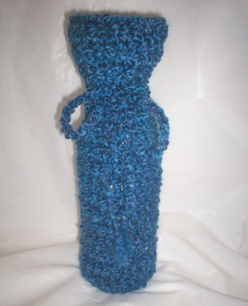 Hand Crocheted Homespun Wine Bottle Cozy Bag Montana Sky Blue image 5