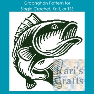 May include: Black and white line art graphic of a fish with its mouth open. The image is a graphghan pattern for single crochet, knit, or TSS. The text "Kari's Crafts" is in the lower right corner of the image.