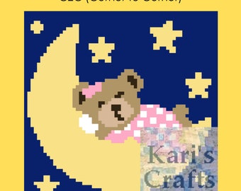 Teddy on the Moon C2C Corner to Corner Baby Afghan Blanket PDF Pattern Graph + Written Instructions-Instant Download