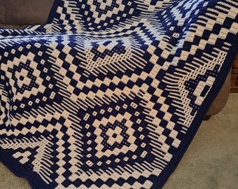 Hand Crocheted Paths Around The World Mosaic Croquilt Afghan Blanket Throw  Navy Blue and White - Ready to ship