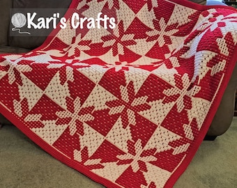 Hand Crocheted Hunter's Star Mosaic Croquilt Afghan Blanket Throw Red and White - Ready to ship