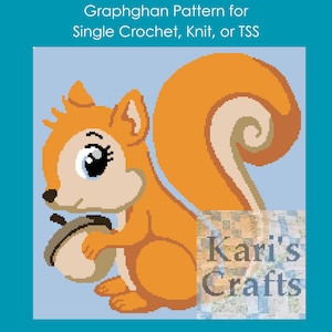 May include: A graphghan pattern featuring a cartoon squirrel holding an acorn. The pattern is for single crochet, knit, or TSS. The pattern is by Kari's Crafts.