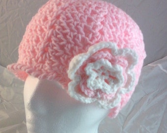 Lacy Scalloped Crocheted Beanie Cap with 3-Tiered 6-Petal Flower - Petal Pink White