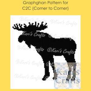 Puede incluir: Imagen pixelada en blanco y negro de una silueta de alce. La imagen es un patrón de graphghan para crochet de esquina a esquina.