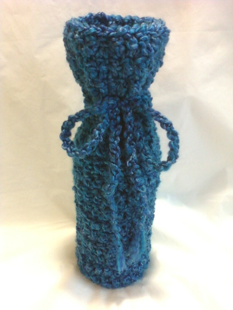 Hand Crocheted Homespun Wine Bottle Cozy Bag Montana Sky Blue image 4