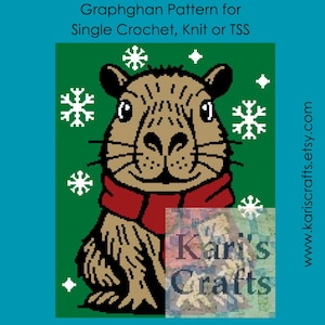 May include: A digital graphghan pattern featuring a capybara wearing a red scarf, surrounded by snowflakes on a green background. The text reads "Graphghan Pattern for Single Crochet, Knit or TSS" and "Kari's Crafts".