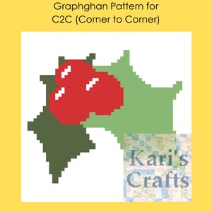May include: A graphghan pattern for a corner-to-corner crochet project featuring a red strawberry with white seeds and green leaves. The pattern is from Kari's Crafts.