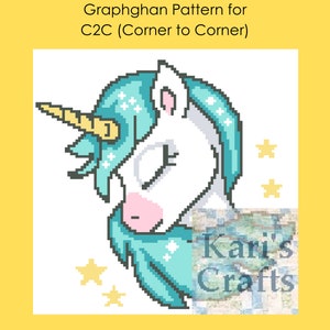 May include: A graphghan pattern for a corner to corner crochet project featuring a white unicorn with a blue mane and horn, surrounded by yellow stars.